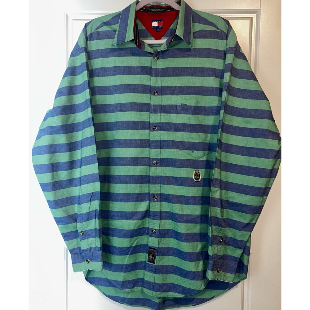 Tommy Hilfiger Men's Long Sleeve Button-Up Shirt Blue/Green Striped Cotton L